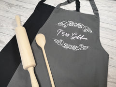 Personalised adult Welsh Vintage Teacher apron in grey or black add any name or surname