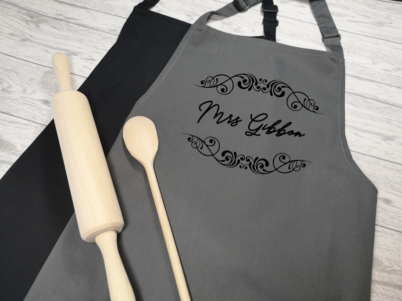 Personalised adult Welsh Vintage Teacher apron in grey or black add any name or surname