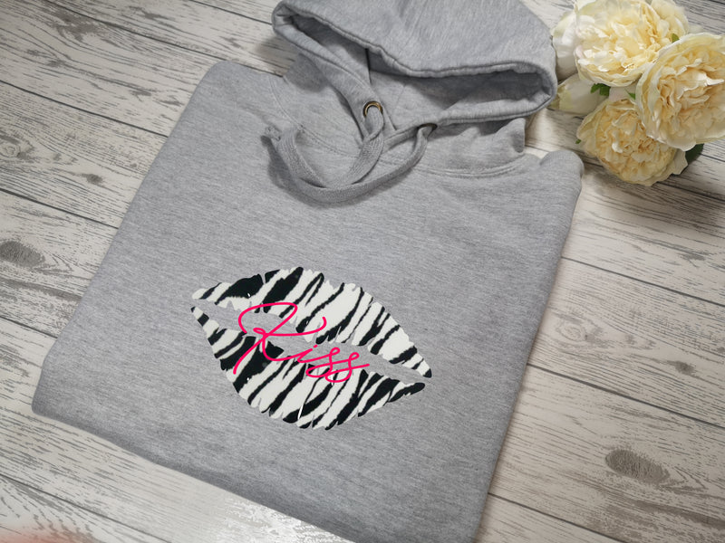 Personalised Womens Grey hoodie with zebra lips and Name detail In choice of colours  No pocket