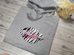 Personalised Womens Grey Welsh hoodie with zebra lips and Name detail In choice of colours  No pocket