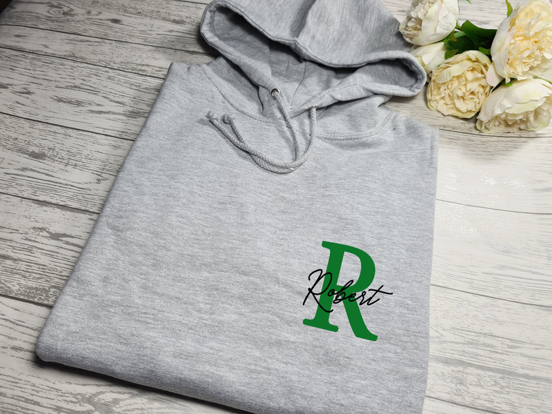 Personalised UNISEX Heather GREY hoodie with letter name detail