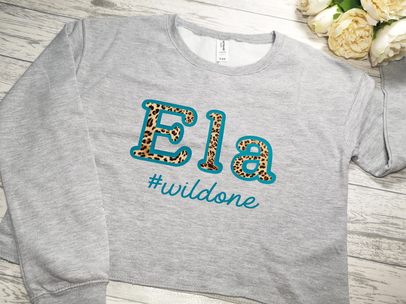 Personalised Girls & Women's Grey CROPPED jumper Leopard Name wild one