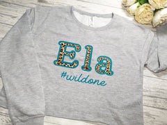 Personalised Girls & Women's Grey CROPPED jumper Leopard Name wild one