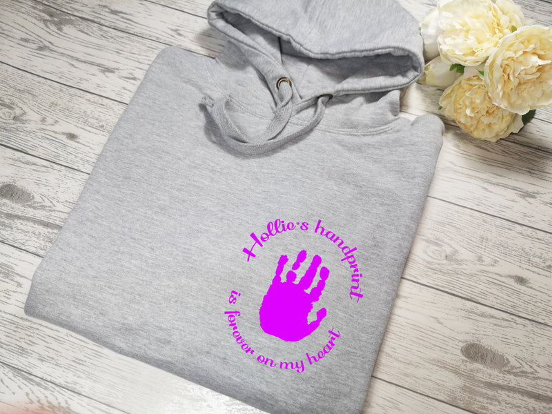Personalised Womens GREY hoodie with Child's handprint detail In choice of colours