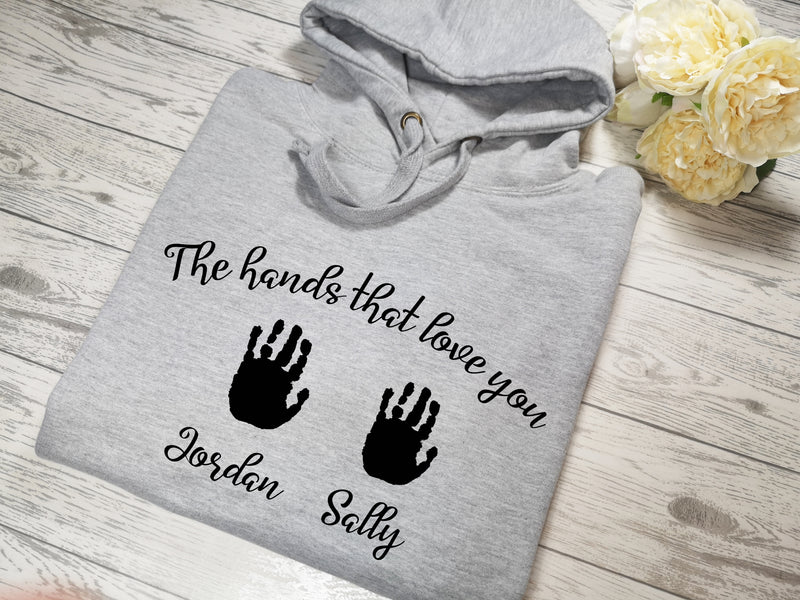 Personalised Womens GREY hoodie with Children's handprints detail In choice of colours