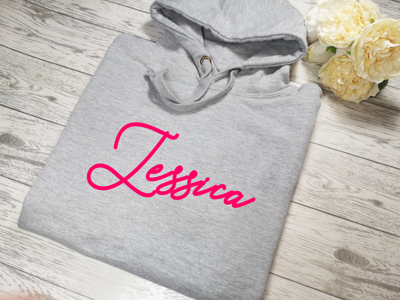 Personalised Womens Grey hoodie with fancy Name detail No pocket