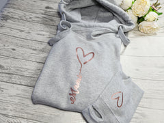 Custom unisex Heather GREY cross neck hoodie with HEART name detail