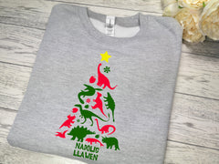 Custom KIDS WELSH GREY Christmas Dinosaur christms tree jumper  Nadolig llawen