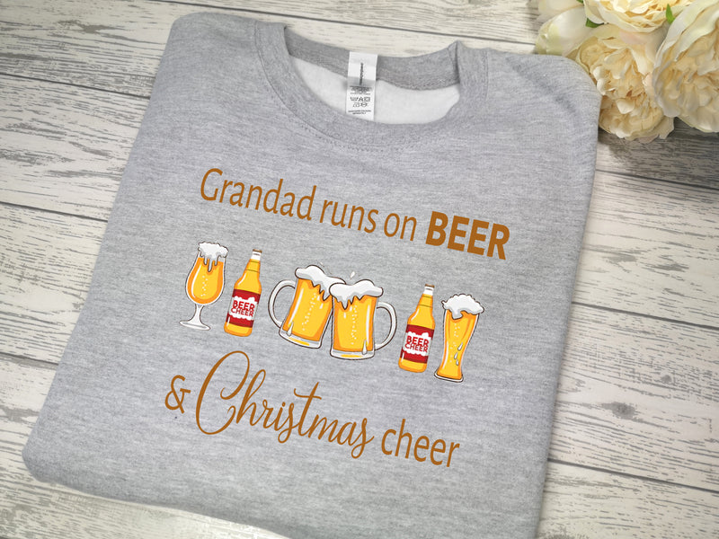 Personalised Unisex Heather GREY NAME runs on BEER & christmas cheer Christmas jumper