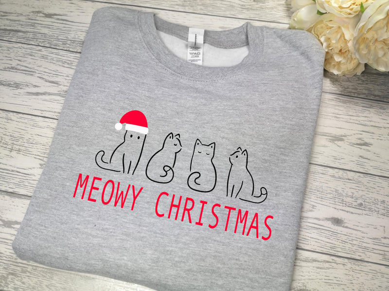 Custom Unisex Heather GREY Cat Christmas jumper with Nadolig llawen detail