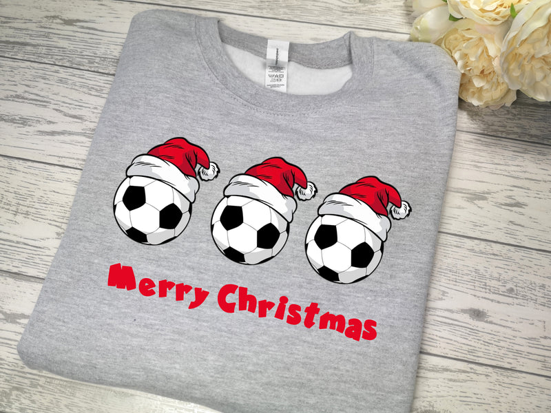 Custom Kids / ADULTS unisex Heather GREY christmas jumper footballs with Merry christmas detail