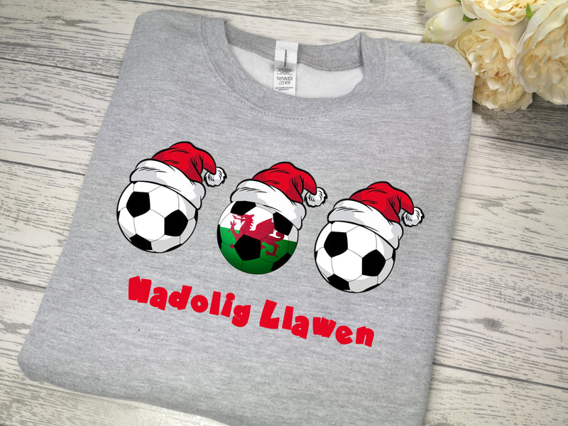 Custom Kids / ADULTS unisex Heather GREY welsh christmas jumper footballs with Nadolig Llawen detail