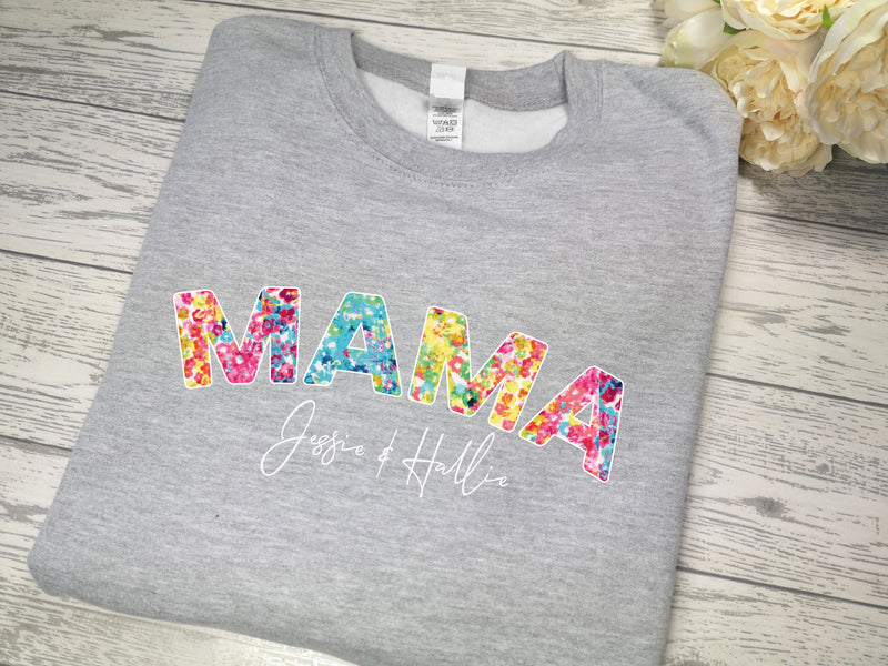 Personalised WELSH Unisex GREY jumper Name in colourful Floral print detail with kids names