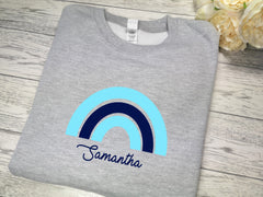 Personalised KIDS GREY Rainbow jumper  any wording in a choice of colour detail
