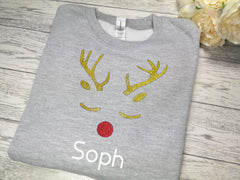 Personalised Unisex HEATHER GREY Christmas jumper with glitter Reindeer and name detail