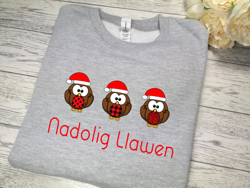 Custom Baby & KIDS WELSH Heather GREY christmas Robins Christmas jumper with Nadolig llawen detail