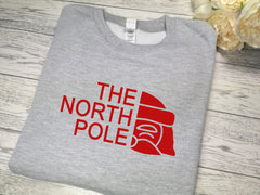 Custom Kids Heather GREY The North Pole Christmas jumper with choice of colour detail