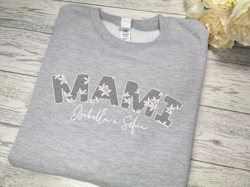 Personalised WELSH Unisex GREY jumper Name in Floral grey print detail with kids names