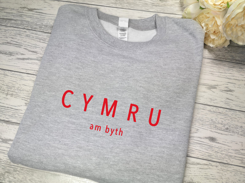 Custom Welsh KIDS GREY CYMRU am byth jumper in a choice of colour detail