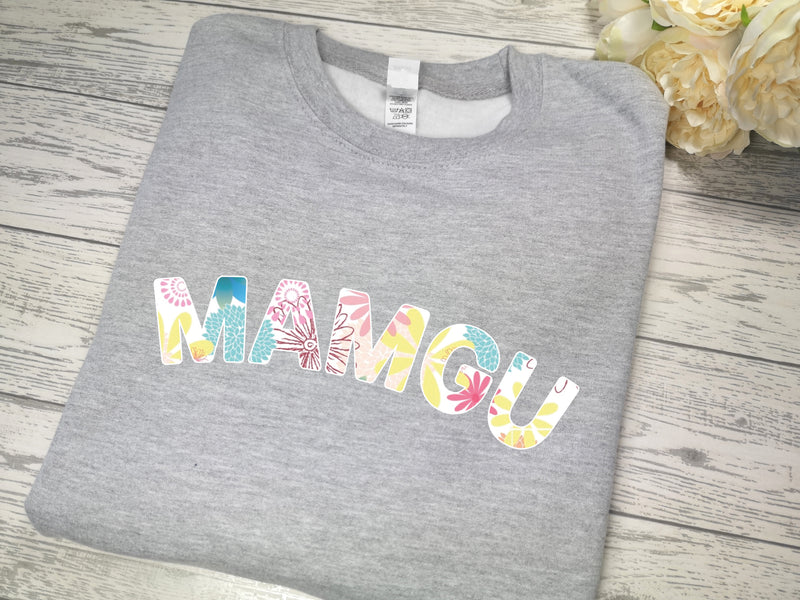Personalised Unisex HEATHER GREY jumper Name in Pastels FLORAL print detail Any name