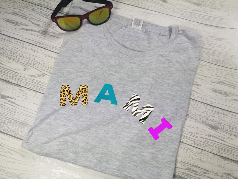 Personalised Women's Heather GREY t-shirt leopard mixed colour Mam Mum