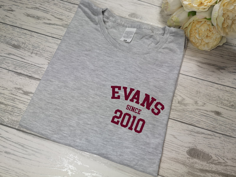 Personalised Women's GREY t-shirt Surname since year detail