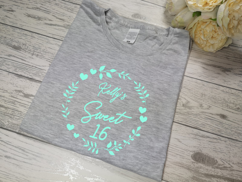 Personalised Women's GREY Sweet 16 birthday t-shirt name detail