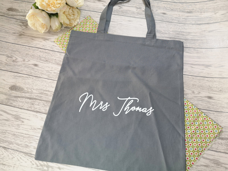 Personalised Grey Tote bag with Teacher's Name detail in a choice of colours