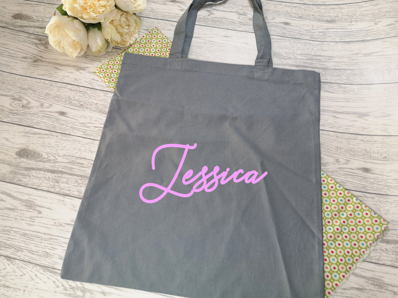 Personalised Grey Tote bag with Name detail in a choice of colours