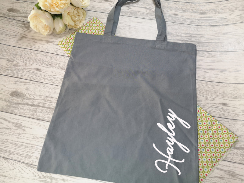 Personalised Grey Tote bag with side Name detail in a choice of colours