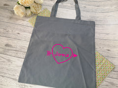 Personalised Grey Tote bag with love heart Name detail in a choice of colours