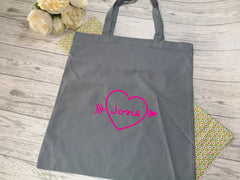 Personalised Grey Tote bag with love heart Name detail in a choice of colours