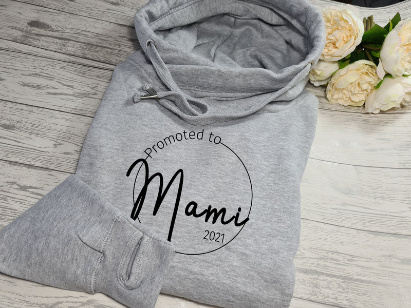 Personalised unisex heather GREY cross neck hoodie Promoted to Mum new Mam