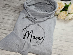 Personalised unisex heather GREY cross neck hoodie Promoted to Mum new Mam