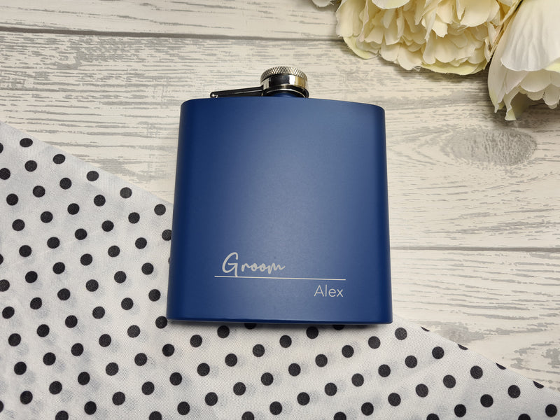 Personalised wedding role groom NAME Engraved Navy or Black stainless steel hip flask 6oz  Any name