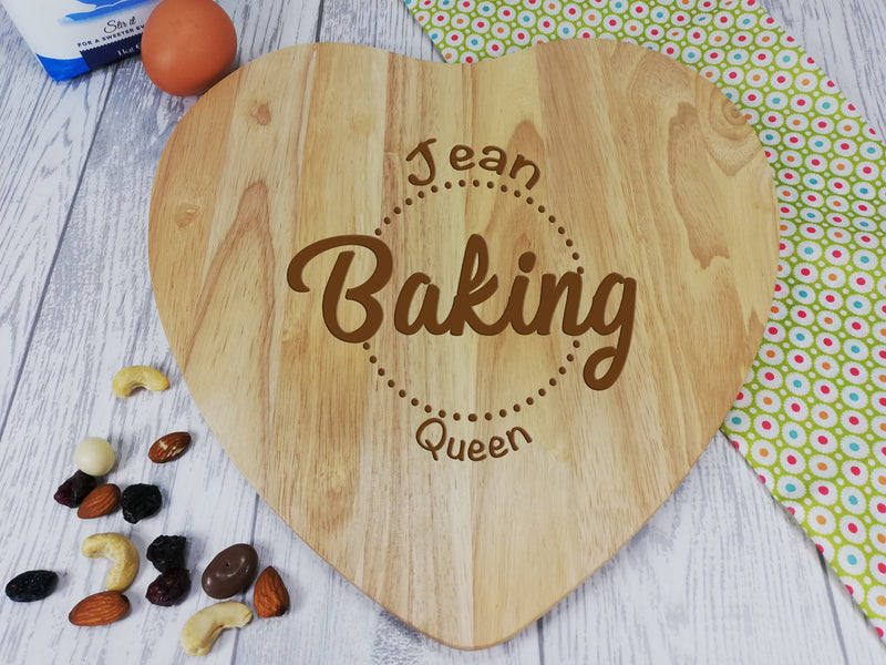 Personalised Engraved Wooden Heart Chopping board Baking Queen Gift Any Name