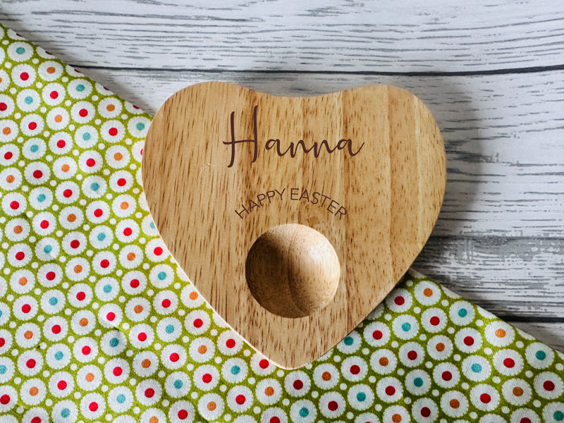 Personalised Engraved Name HAPPY EASTER Wooden Heart Shaped egg breakfast board 12cm