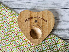 Personalised Engraved Name made with love Wooden Heart Shaped egg breakfast board 12cm