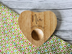Personalised welsh Engraved Name PASG HAPUS Wooden Heart Shaped egg breakfast board 12cm