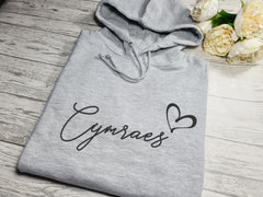 Custom welsh UNISEX Heather GREY hoodie with CYMRAES heart detail