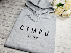 Custom welsh UNISEX Heather GREY hoodie with CYMRU am byth detail s