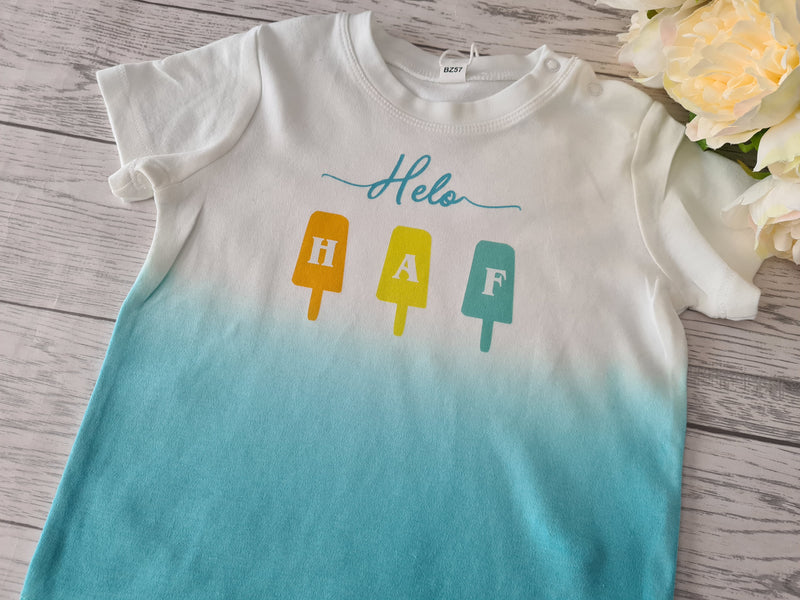 Custom WELSH  Baby BLUE dip dye Baby t-shirt with Helo haf detail