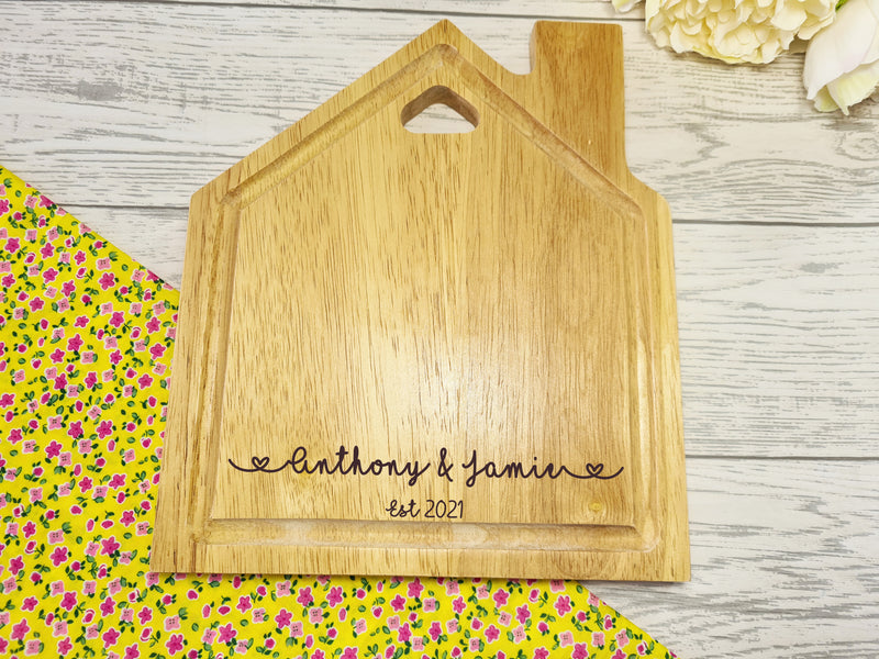 Personalised Engraved Wooden House Chopping board Names and year detail