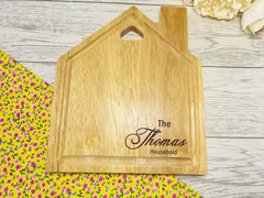 Personalised Engraved Wooden House Chopping board Surname household detail