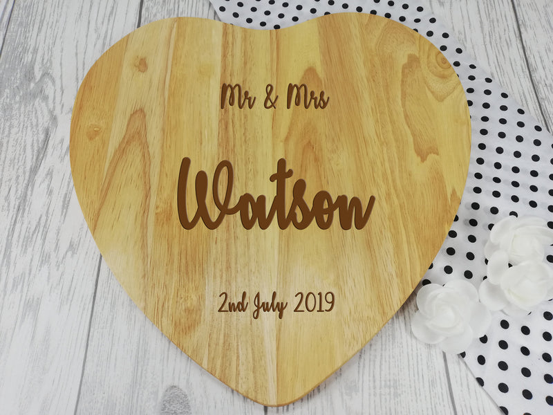 Personalised Engraved Wooden Heart Chopping board Wedding Mr & Mrs Gift Any Name Date