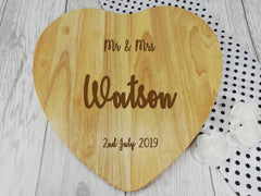 Personalised Engraved Wooden Heart Chopping board Wedding Mr & Mrs Gift Any Name Date