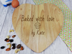 Personalised Engraved Wooden Heart Chopping board Baked with love Gift Any Name Date