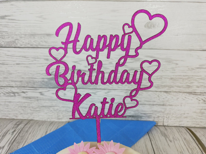 Personalised Wooden Glitter Happy Birthday Cake Topper Any Name Choice of colours
