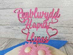Personalised wooden Welsh Penblwydd hapus Birthday cake topper Any name