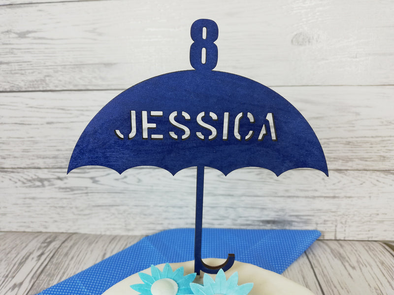 Personalised wooden birthday glitter Umbrella age cake topper Any name Any Age